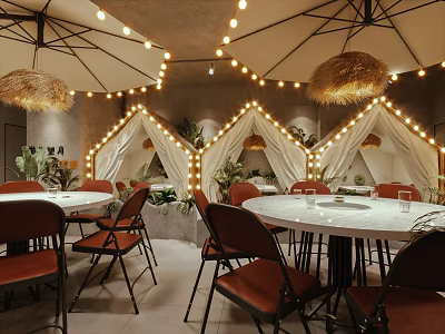 Cozy Restaurant Interior With Tents String Lights Round Tables Red Chairs And Straw Umbrellas 3d model