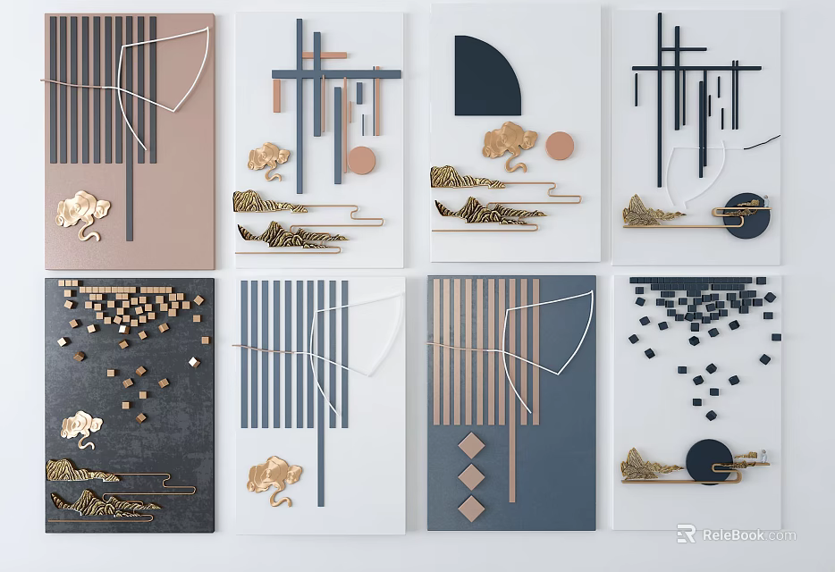 Modern Geometric Decorative Wall Art With Gold Elements Abstract Patterns And Lines 3d model