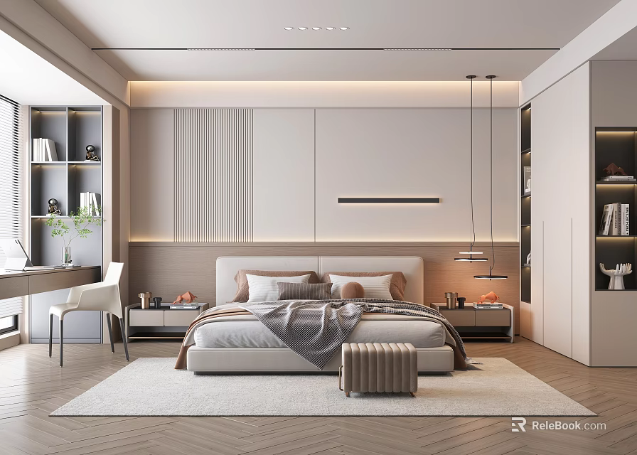 Modern Minimalist Bedroom Interior With Bed Pillows Bedside Tables And Textured Wall Paneling 3d model 
