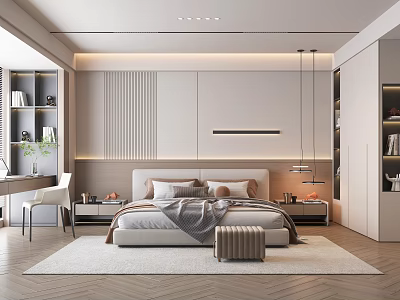 Modern Minimalist Bedroom Interior With Bed Pillows Bedside Tables And Textured Wall Paneling 3d model