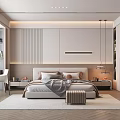 Modern Minimalist Bedroom Interior With Bed Pillows Bedside Tables And Textured Wall Paneling