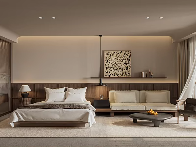 Hotel Room Elegant Modern Interior With Comfortable Bed Sofa And Abstract Painting 3d model
