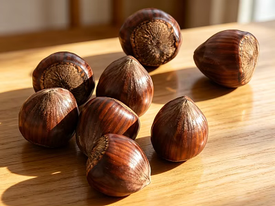 Fresh Chestnuts with Smooth Brown Shells on Wooden Table in Warm Sunlight 3d model