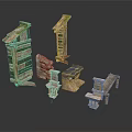 Traditional Architectural Elements Columns Walls Steps And Roof Models With Stone Green Tile Details