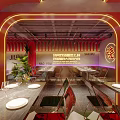 Modern Stylish Restaurant Interior With Neon Lights Red Walls Dining Tables And Display Shelves