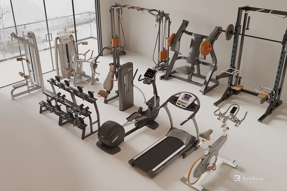 Modern Gym Featuring Various Sports Equipment Including Treadmill Dumbbells Elliptical And Weight Bench 3d model 