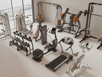 Modern Gym Featuring Various Sports Equipment Including Treadmill Dumbbells Elliptical And Weight Bench 3d model