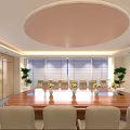 Modern Conference Room With Wooden Table Leather Chairs Vases And Large Screen