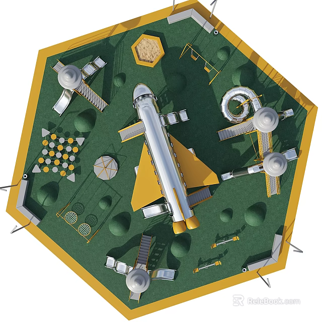 Fun Playground Equipment with Airplane Shape Slides Climbing Frames Swings and Trampolines on Green Lawn 3d model 
