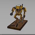 Yellow Robot Model Standing on Rusty Base With Mechanical Arm Holding Ball 3d model