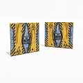 Artistic Yellow And Blue Double Doors With Black Stripes And Decorative Patterns