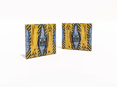 Artistic Yellow And Blue Double Doors With Black Stripes And Decorative Patterns 3d model