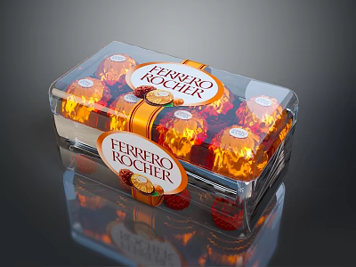 Ferrero Rocher Chocolate in Transparent Box with Multiple Golden Wrapped Balls and Orange Accents 3d model
