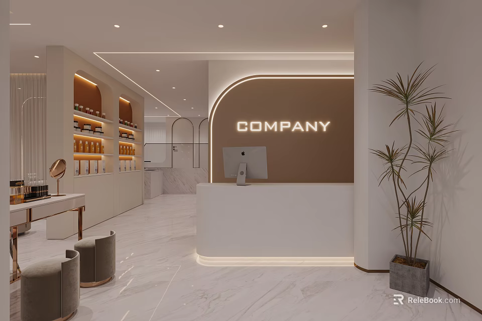 Elegant Modern Beauty Salon Reception Interior With Warm Ambient Lighting And Neat Product Display Shelves 3d model 