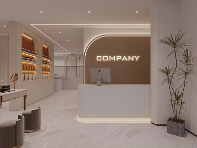 Elegant Modern Beauty Salon Reception Interior With Warm Ambient Lighting And Neat Product Display Shelves 3d model