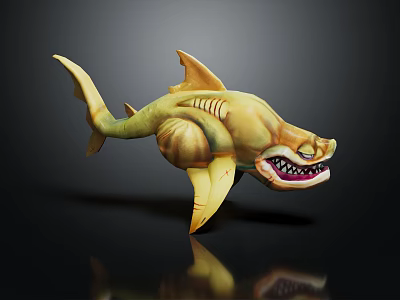 3D Fantasy Shark Character Model Featuring Yellow Body Open Mouth And Sharp Teeth 3d model