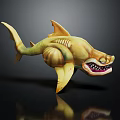 3D Fantasy Shark Character Model Featuring Yellow Body Open Mouth And Sharp Teeth
