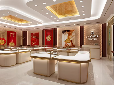 Elegant Beijing Caibai Jewelry Store Interior With Glass Display Counters Gold Jewelry And Red Backdrops 3d model