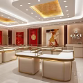 Elegant Beijing Caibai Jewelry Store Interior With Glass Display Counters Gold Jewelry And Red Backdrops