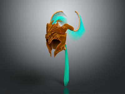 Intricate Golden Dragon Head Sculpture With Vibrant Blue Glowing Accents Against Dark Background 3d model