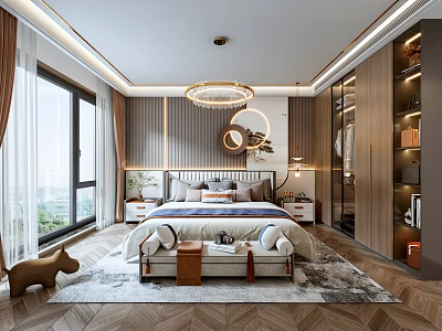 Modern Bedroom Interior Design With Large Bed Chandelier Nightstands And Area Rug 3d model