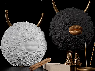 Artistic Spherical Decorations With White Black Curly Texture Lip Design And Golden Stands With Incense 3d model