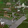Scenic Rural Landscape With Terraced Platforms Green Trees White Umbrellas And Thatched Pavilion