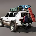 White Off Road SUV With Roof Mounted Surfboard And Cargo Box For Outdoor Adventure