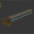 Green Train Carriage With Wooden Platform Awning Windows And Reflective Surface 3d model