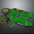 3D Model Scene With Green Platform Circular Tower Colored Blocks Brown Hut And White Markers