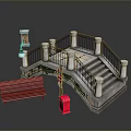 Stone Bridge With Iron Railing Steps Wooden Bench Trash Can And Lamp Post