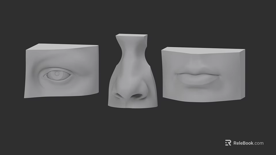 3D Models of Human Facial Features Eye Nose Mouth in White Sculpture with Dark Background 3d model 
