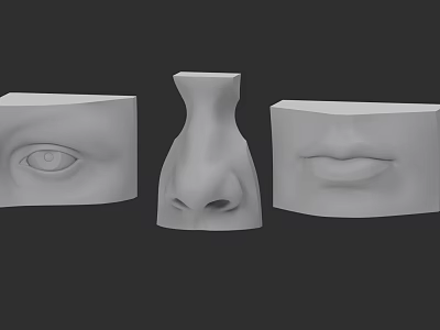 3D Models of Human Facial Features Eye Nose Mouth in White Sculpture with Dark Background 3d model