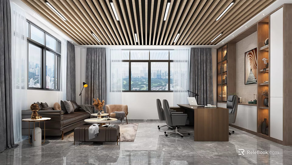 Modern Office Interior Design With Sofa Desk Windows Ceiling Lights And Bookshelf 3d model