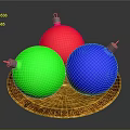 Shiny Christmas Ornaments In Red Green Blue On Gold Greek Pattern Platter