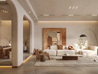 Minimalist Living Room Interior With Curved Archways Neutral Sofa And Floor Lamp 3d model