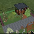 Beautiful Garden Yard Design With Green Grass Wooden Gazebo Swing Bench Stone Statues And Trees