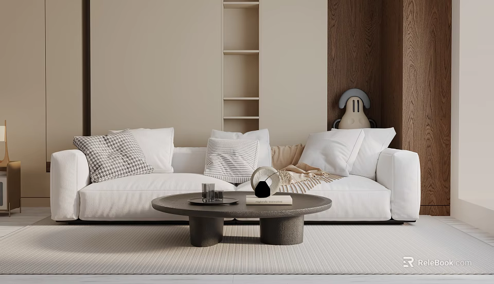 White Three-Seater Sofa With Patterned Pillows And Round Coffee Table On Rug In Living Room 3d model 