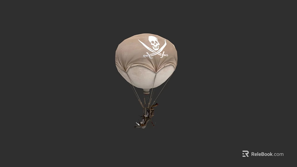 Brown Hot Air Balloon With Skull And Crossbones Symbol And Hanging Basket 3d model 