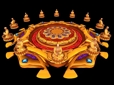 Golden Circular Ornament Featuring Central Lotus Pattern And Surrounding Buddha Figures With Blue Purple Gemstones 3d model