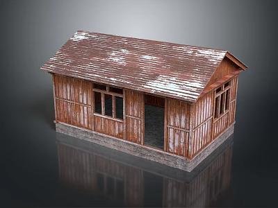 Rustic Wooden House With Weathered Rusty Roof White Spots Wooden Siding Windows And Door 3d model