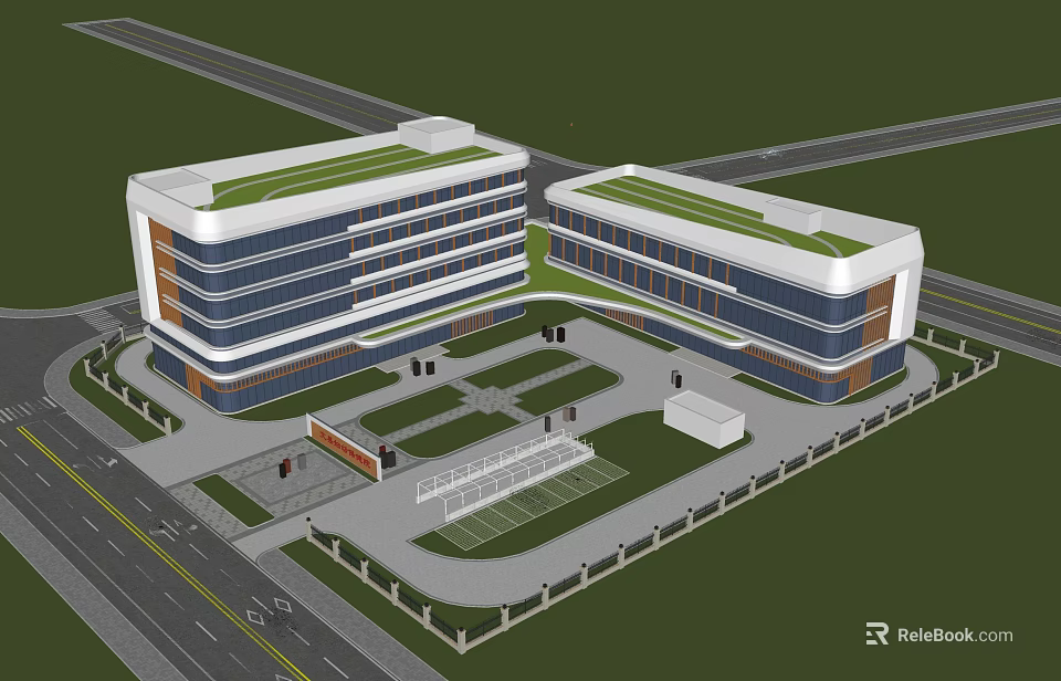 Modern Building Complex Design With Green Roofs Central Courtyard And Surrounding Roads 3d model