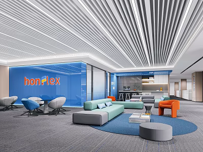 Modern Lounge Area Interior With Blue Accent Wall Honlex Sign Sofas Chairs And Coffee Tables 3d model