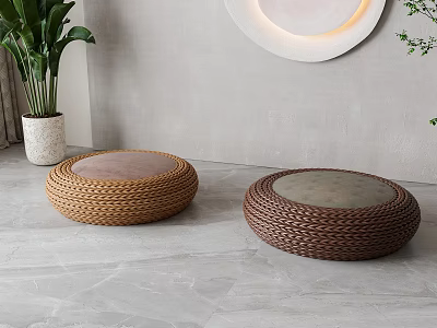 Wicker Round Stools In Modern Indoor Setting With Plants And Light 3d model