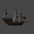 Wooden Pirate Ship With Black Sails Masts And Jolly Roger Flag