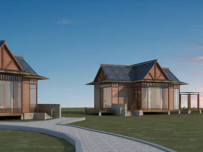 Traditional Wooden Houses With Sloped Roofs Large Glass Windows And Stone Pathway On Green Lawn 3d model