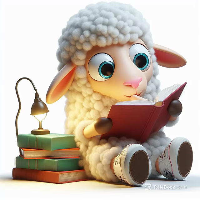 Cute Fluffy Lamb Art Installation Reading Red Book With Lamp Stack Of Books And Shoes 3d model 