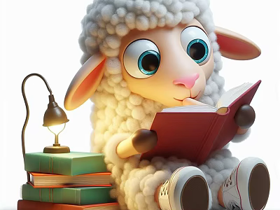 Cute Fluffy Lamb Art Installation Reading Red Book With Lamp Stack Of Books And Shoes 3d model