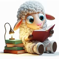 Cute Fluffy Lamb Art Installation Reading Red Book With Lamp Stack Of Books And Shoes