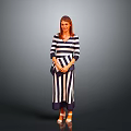 Woman in Blue and White Striped Dress with Crossed Hands Wearing Orange Shoes Gray Background